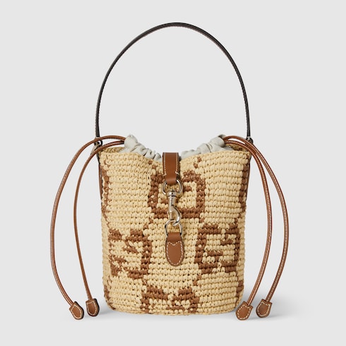 Woven mini bucket bag in natural and brown fabric | GUCCI® US