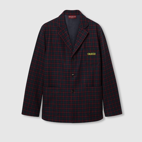 Embroidered check wool flannel jacket in dark blue and red GUCCI Canada