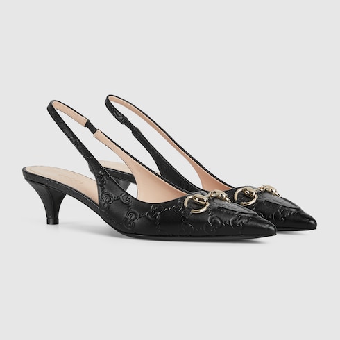 Women's Horsebit slingback pump in Black Leather | GUCCI® SI