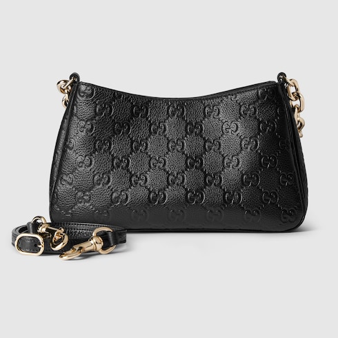 Sac a epaule GG Emblem petite taille en cuir noir GUCCI FR