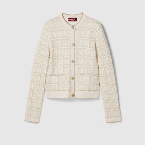 Cardigan in jacquard di lana e lamé a quadri