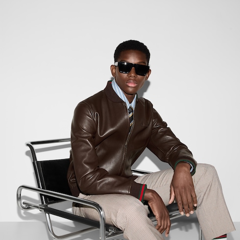 Blouson aviateur en cuir avec broderie