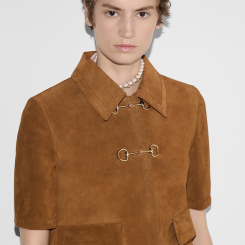 Suede jacket with Horsebit in brown | GUCCI® US