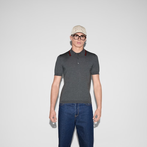 Wool knit polo shirt with Web Detail 3