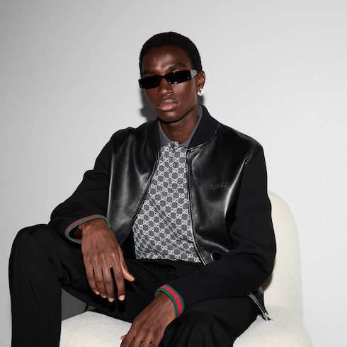 Blouson aviateur en maille et cuir nappa