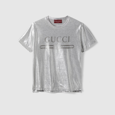 T-shirt stampata in cotone laminato