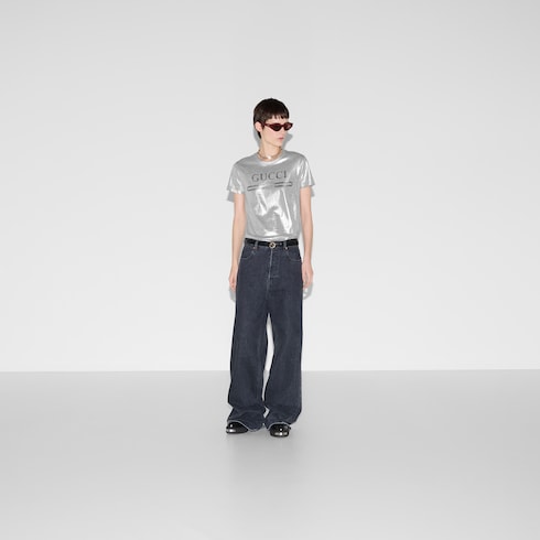 T-shirt stampata in cotone laminato