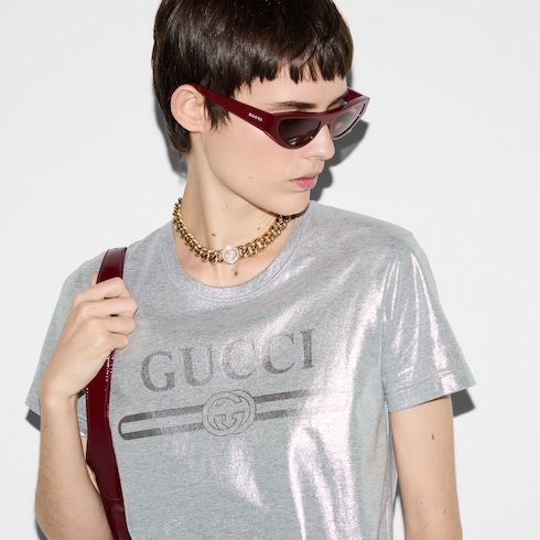 T-shirt stampata in cotone laminato