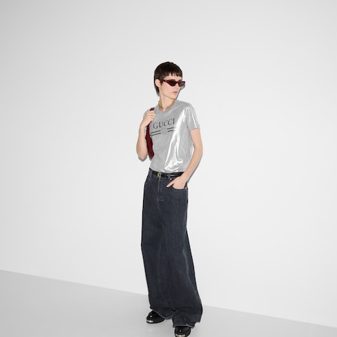 T-shirt stampata in cotone laminato