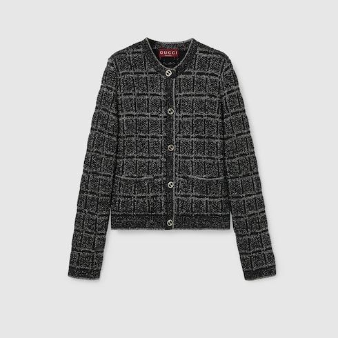 Cardigan in jacquard di lana e lamé a quadri