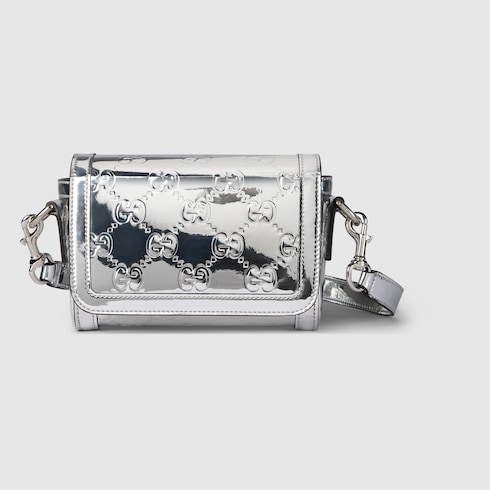 Mini embossed GG shoulder bag in metallic silver fabric GUCCI Canada