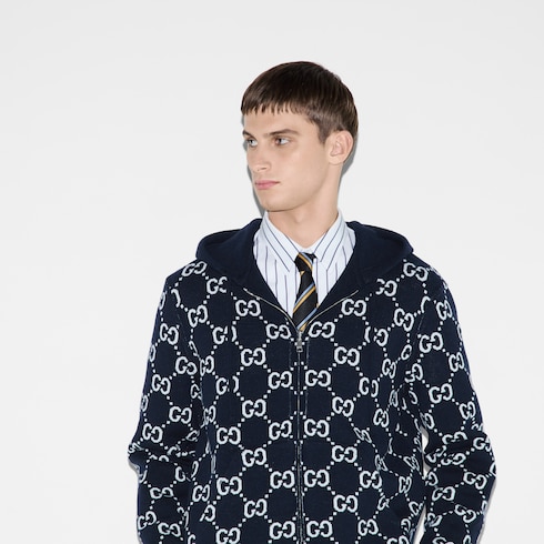 Veste zippée à capuche réversible en laine GG