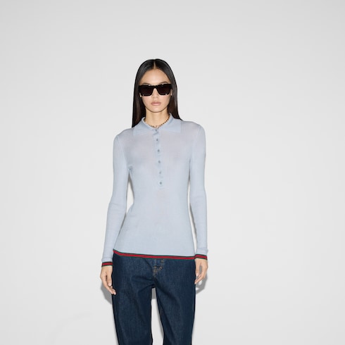 Cashmere and silk polo top with Web Detail 3