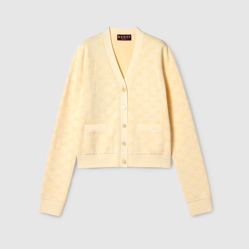 Fine cotton GG jacquard cardigan in pastel yellow and white