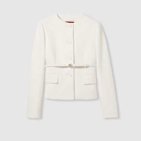 Cotton bouclé belted jacket in White Ready-to-wear | GUCCI® SI