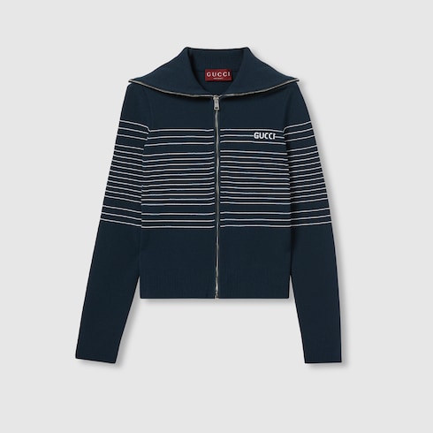 Fabric polo jacket with intarsia in navy | GUCCI® US Fabric polo jacket with intarsia in navy | GUCCI® US