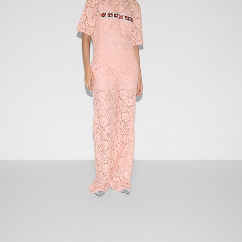 Floral lace trousers with Gucci script