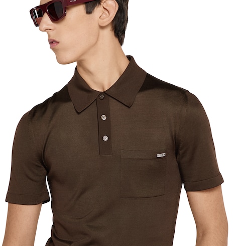 Fine silk knit polo top with intarsia Detail 5