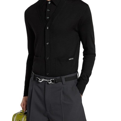 Cardigan in maglia di lana fine con intarsio