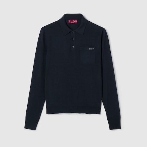 Fine wool knit polo top with intarsia