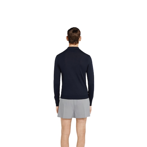 Fine wool knit polo top with intarsia