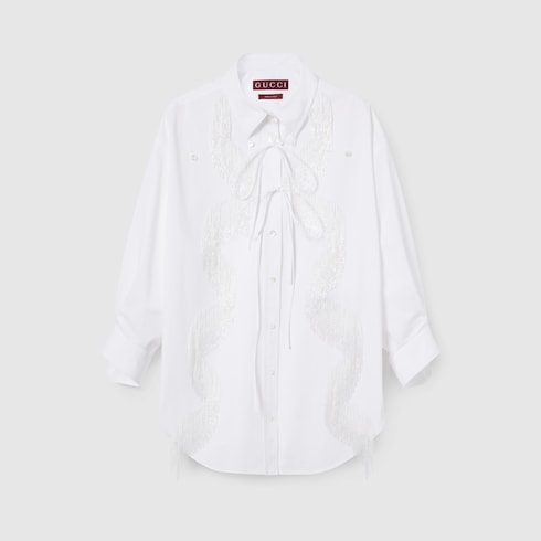 Cotton poplin shirt with beaded fringe