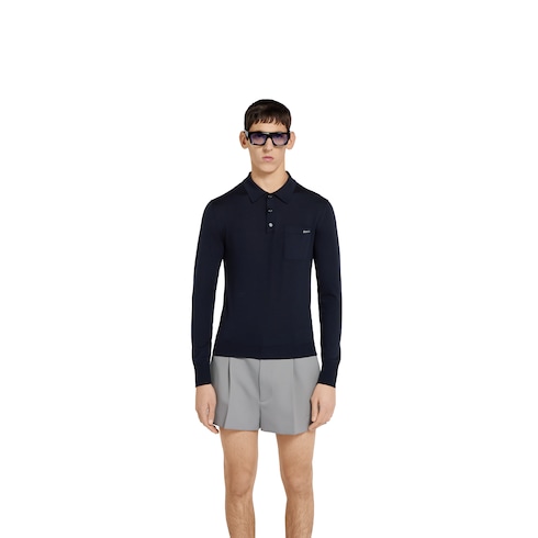 Fine wool knit polo top with intarsia