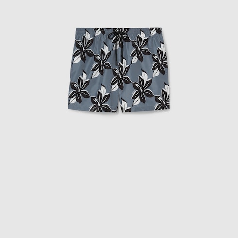 Printed technical poplin swim short