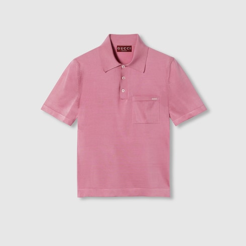 Fine silk knit polo shirt with intarsia