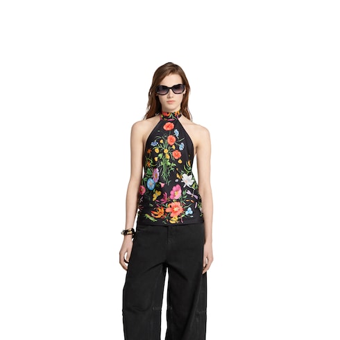 Self-tie silk twill halter top