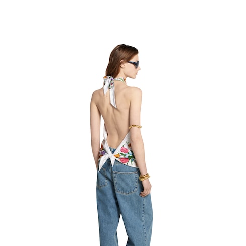 Self-tie silk twill halter top