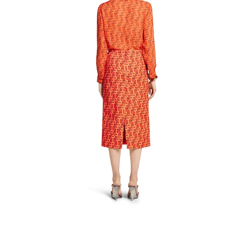 Printed cotton mid-length skirt in orange and Rosso Ancora