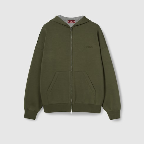 Embroidered hooded jersey sweatshirt in dark green | GUCCI® US Embroidered hooded jersey sweatshirt in dark green | GUCCI® US