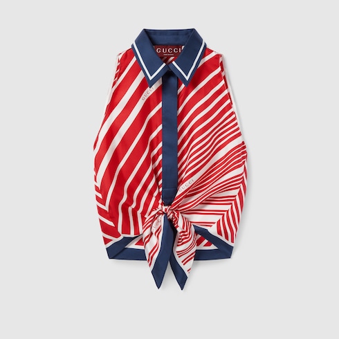 GUCCI グッチ 気球柄 シルク 絹 100% made in Italy Silk twill printed knot hem top in red and blue | GUCCI® US
