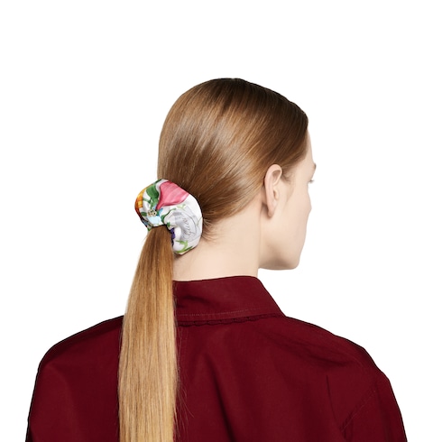 Printed silk twill scrunchie in white and multicolour