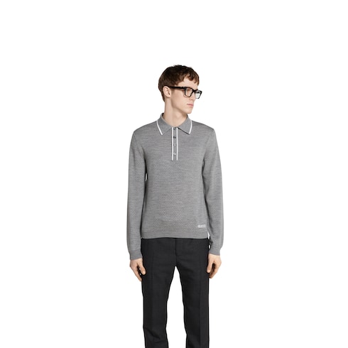 Fine wool knit polo shirt with intarsia Detail 3