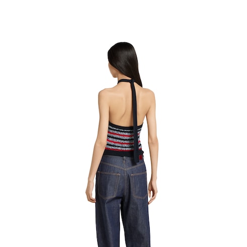 Top con scollo all'americana in maglia di cotone fine a righe