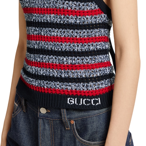 Top con scollo all'americana in maglia di cotone fine a righe