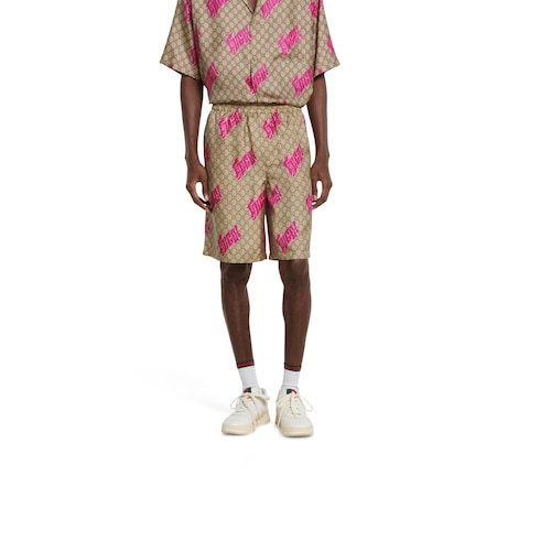 Printed silk twill shorts in Beige Ready-to-wear | GUCCI® SI