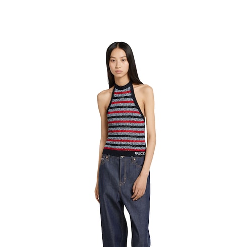 Top con scollo all'americana in maglia di cotone fine a righe