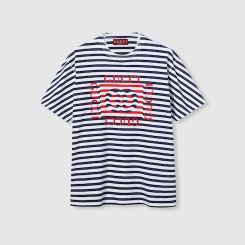 Printed cotton jersey T-shirt in blue and white | GUCCI® US