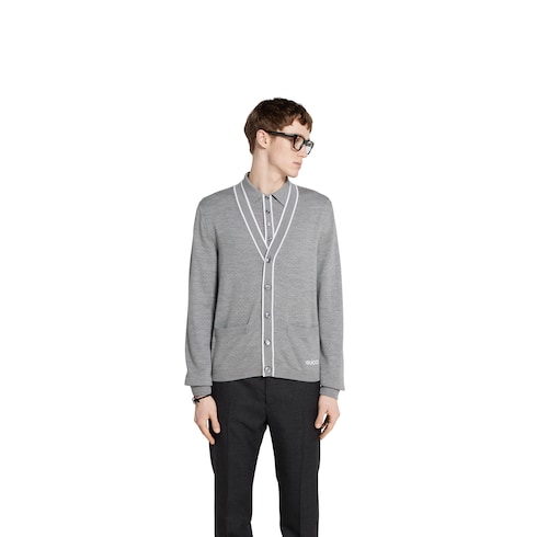 Fine wool knit cardigan with intarsia