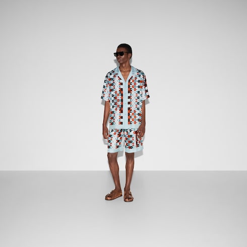 Printed silk twill bowling shirt