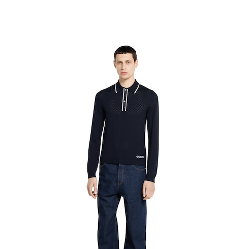 Fine wool knit polo shirt with intarsia Detail 3