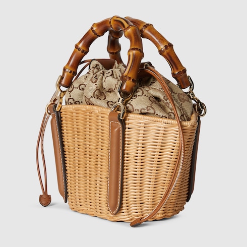 Wicker mini basket bag with bamboo