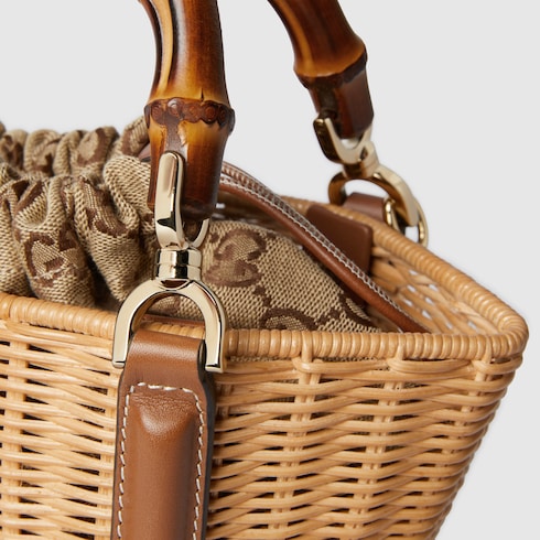 Wicker mini basket bag with bamboo