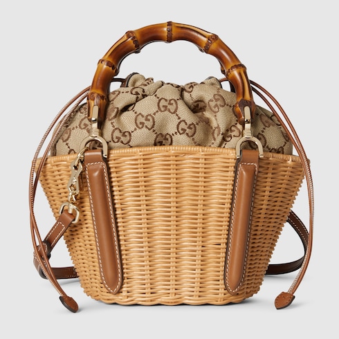 Wicker mini basket bag with bamboo