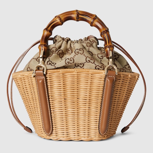 Wicker mini basket bag with bamboo
