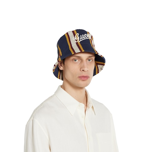 Striped canvas bucket hat with embroidery