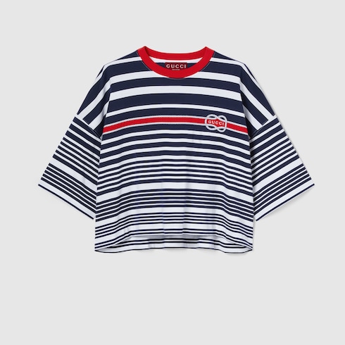 すぐ届く【GUCCI】ストライプ ライトコットンジャージー Tシャツ ストライプ ライトコットンジャージー Tシャツホワイト＆ブルー